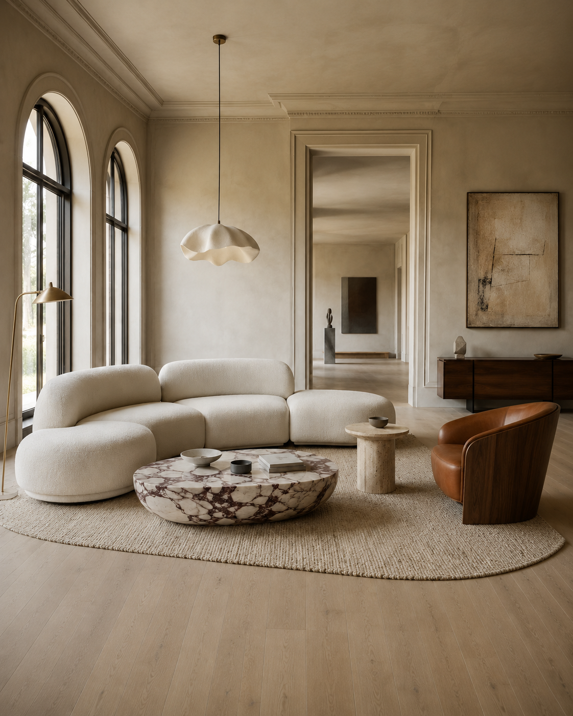 Custom Homio Decor cloud sofa, Calacatta Viola marble coffee table and leather lounge chair in a warm modern interior.