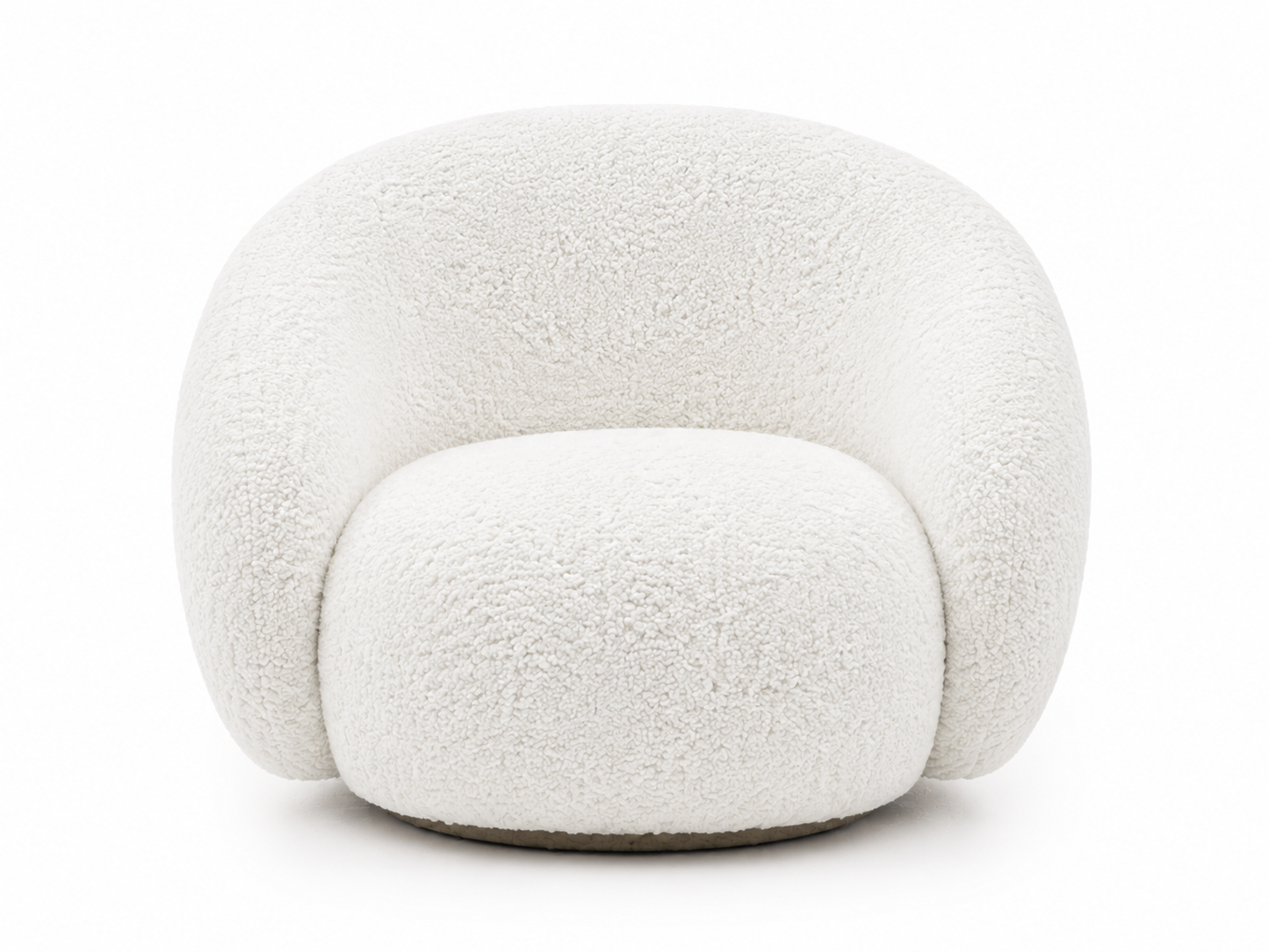 A modern, rounded lounge chair upholstered in a textured, boucle-like off-white fabric, shown from a front-facing perspective on a seamless white background.
