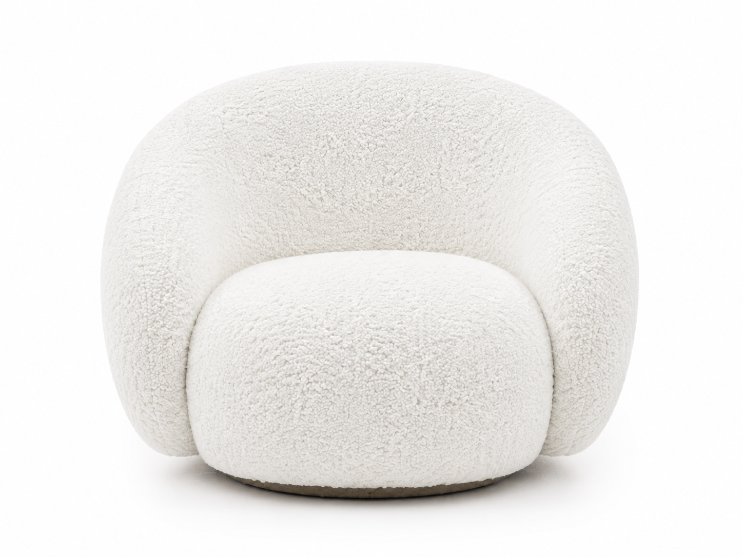 A modern, rounded lounge chair upholstered in a textured, boucle-like off-white fabric, shown from a front-facing perspective on a seamless white background.