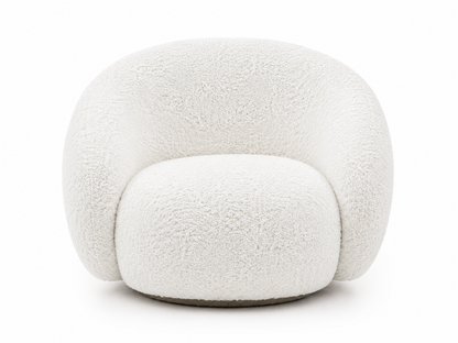 A modern, rounded lounge chair upholstered in a textured, boucle-like off-white fabric, shown from a front-facing perspective on a seamless white background.