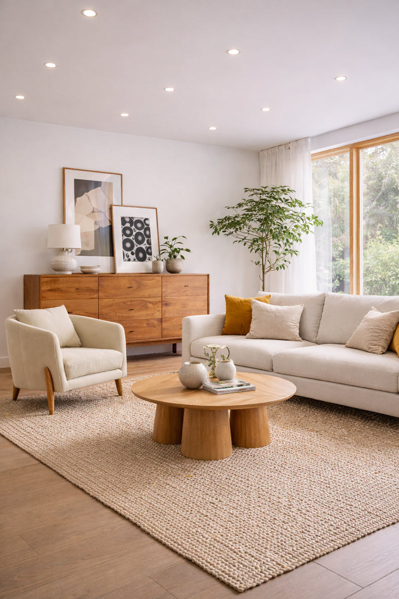 scandinavian modern interior with curved furniture and natural materials