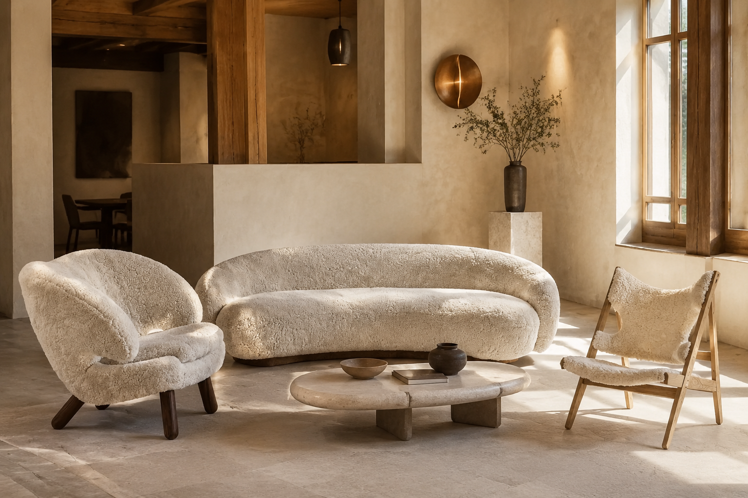 low profile curved sofa and pelican chair
