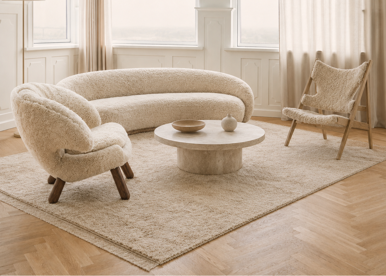 A styled living room scene featuring a curved cream sheepskin sofa, a matching armchair, a wooden folding chair with a bouclé seat, and a round stone coffee table on a large cream rug over light wood flooring.