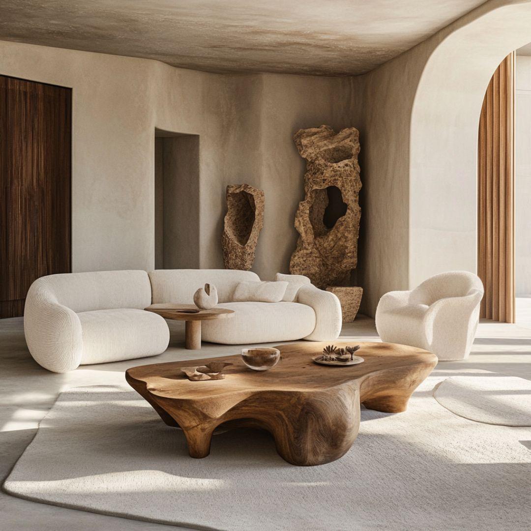 Hand-finished wabi-sabi furniture showcasing natural craftsmanship and texture