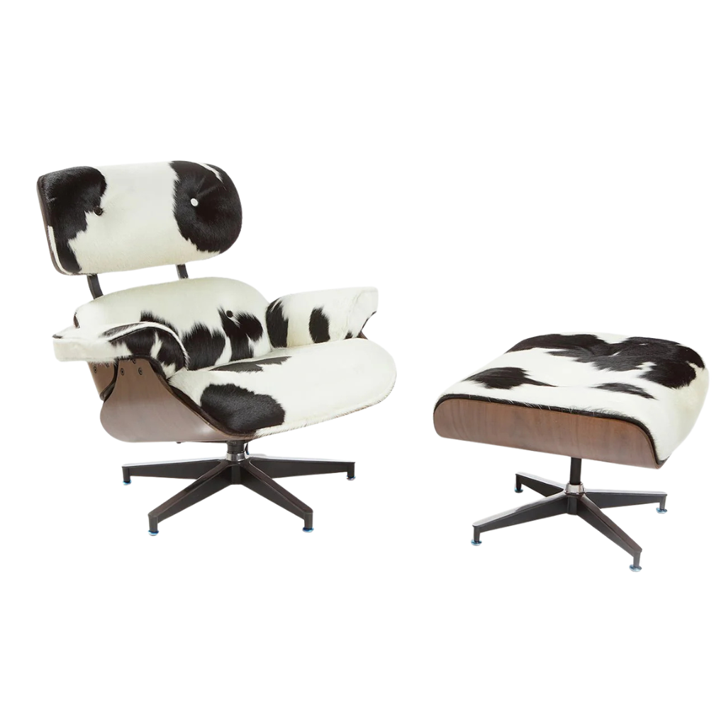 Homio Decor Walnut Wood / Black & White Eames Lounge Chair & Ottoman (PRO) - Pony Skin