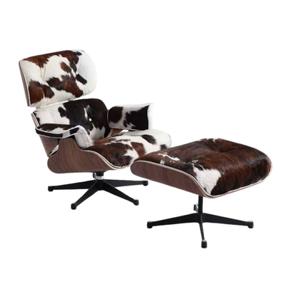 Homio Decor Walnut Wood / Brown & White Eames Lounge Chair & Ottoman (PRO) - Pony Skin