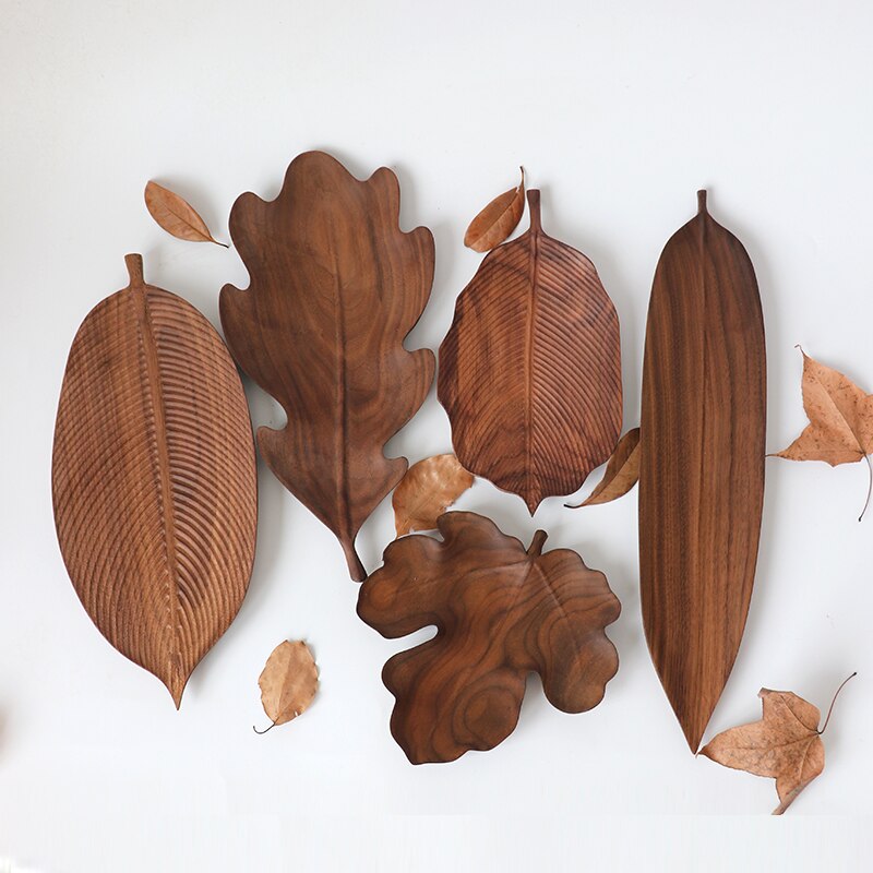 Homio Decor Wooden Homeware Handmade Walnut Leaf Shaped Plates